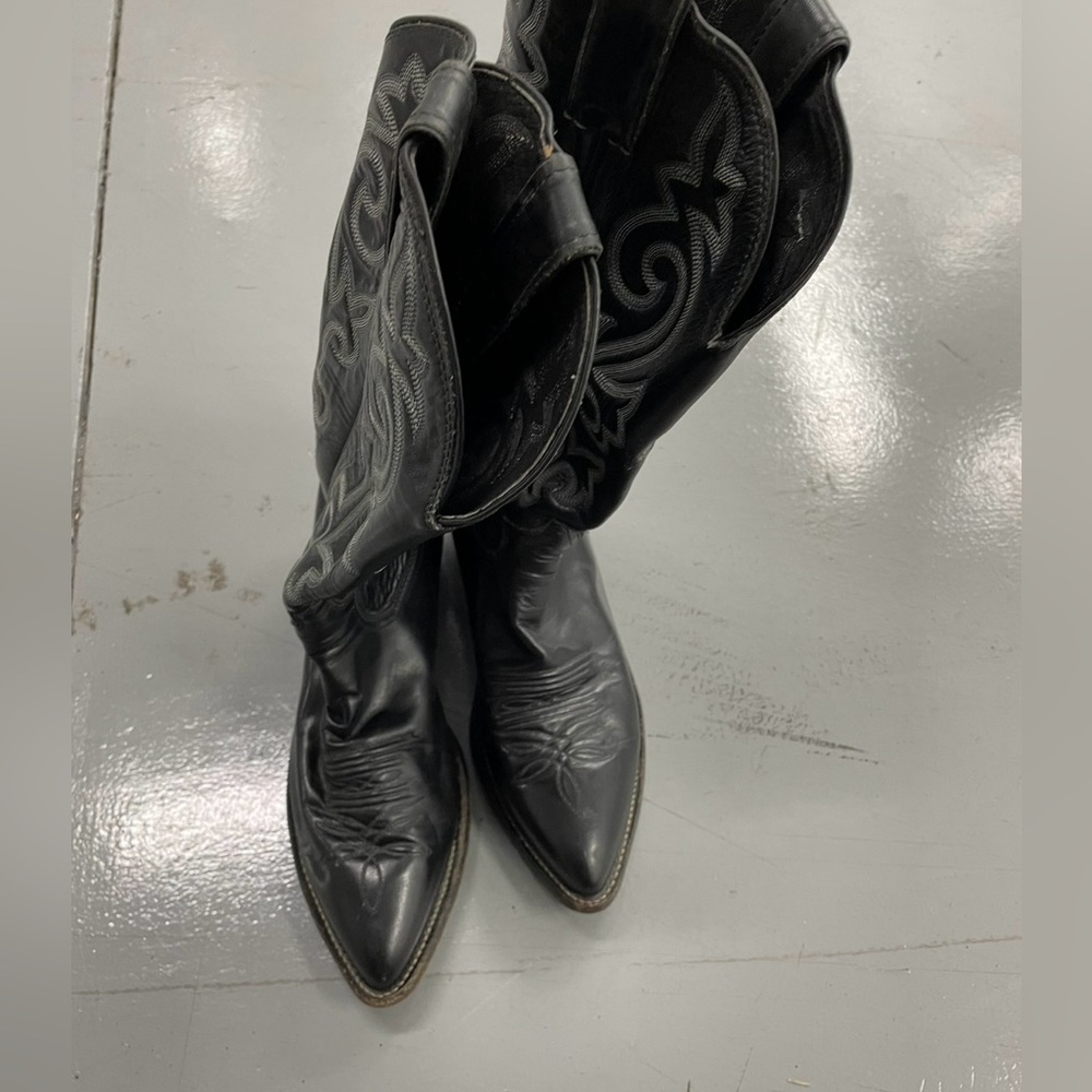 Vintage Mens Justin Cowboy Black Leather Boots/Sole White Stitching USA MADE 8.5